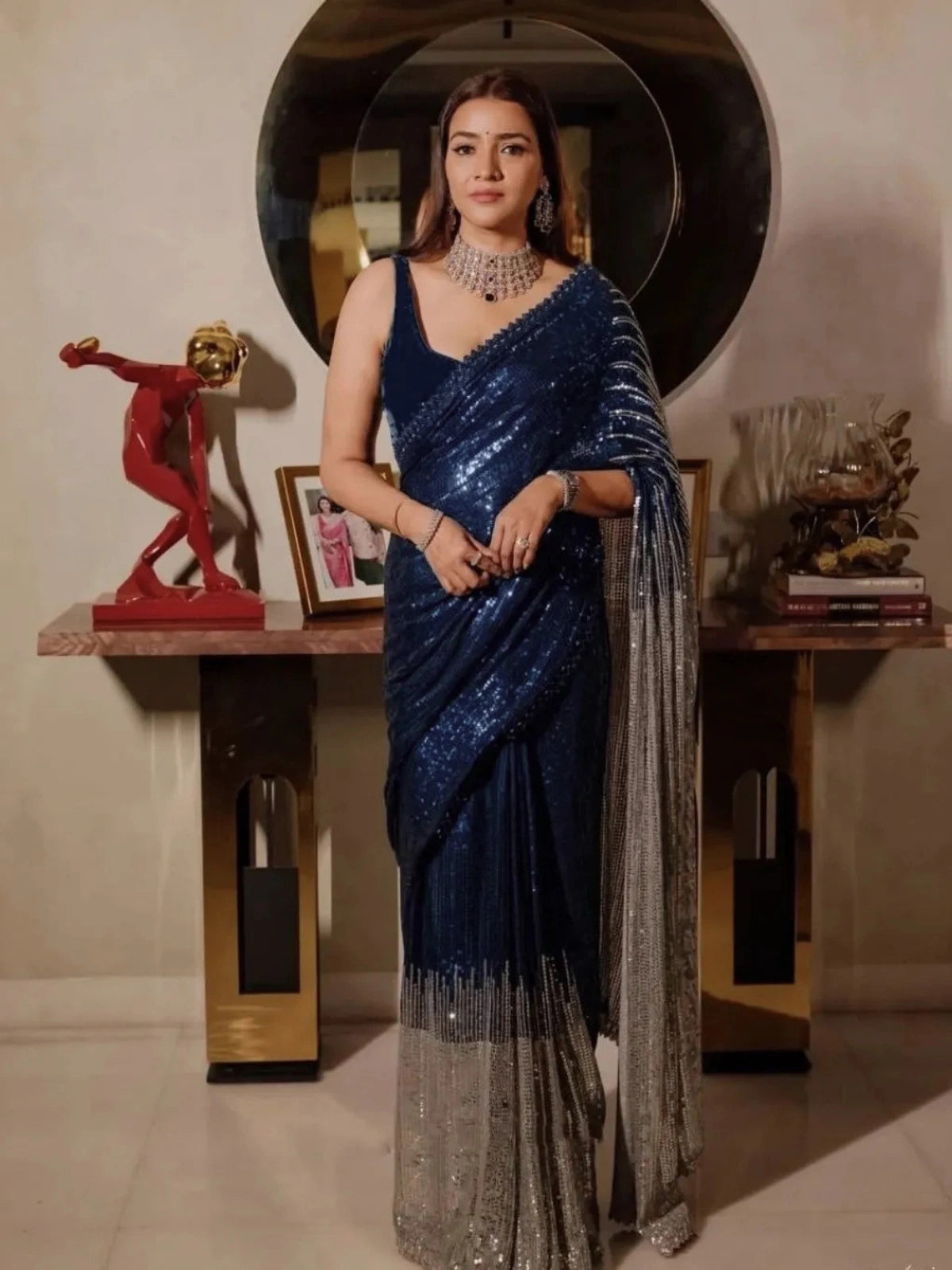 Trisha Inspired Blue & Silver Sequin Work Georgette Saree with Cutwork Lace