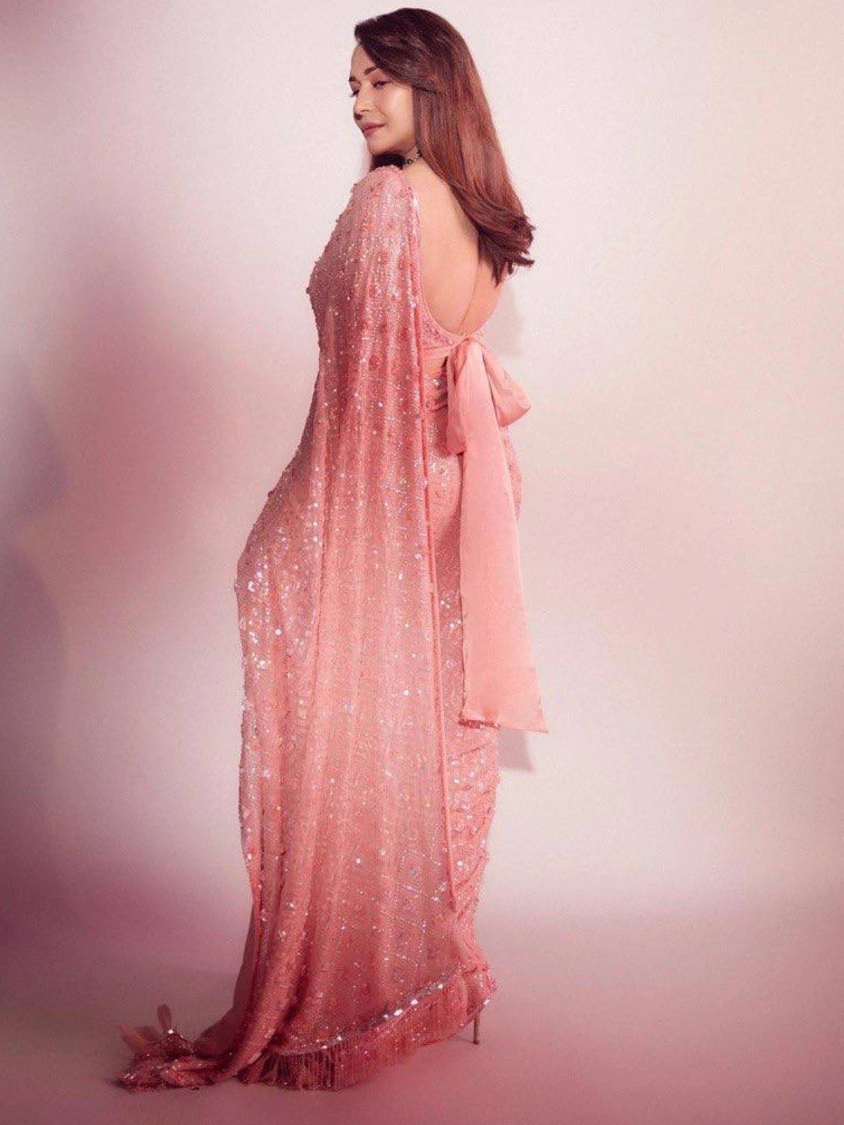 Madhuri Inspired Pink Saree with Embroidery and Sequin Detailing-67246683881553