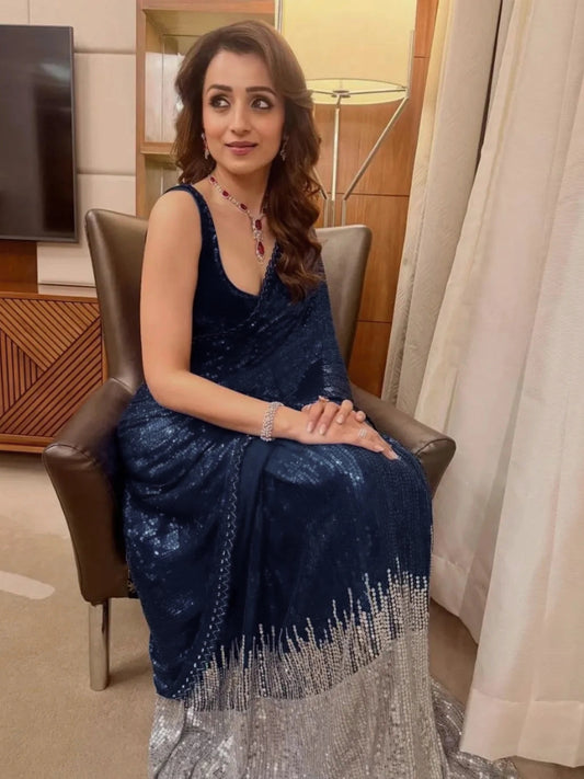 Trisha Inspired Blue & Silver Sequin Work Georgette Saree with Cutwork Lace-71031809638481