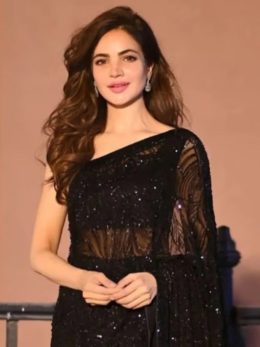 Celebrity Inspired Heavy Georgette Sequence Black Saree With Unstitched Blouse-73764490870865