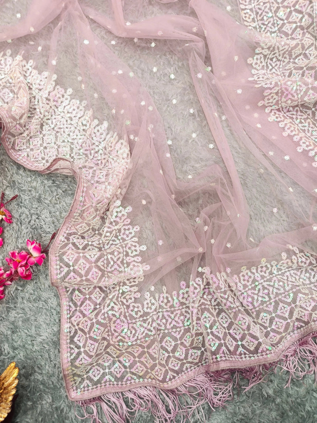 Bollywood Inspired Net Light Pink Saree with Beautiful Sequins Work