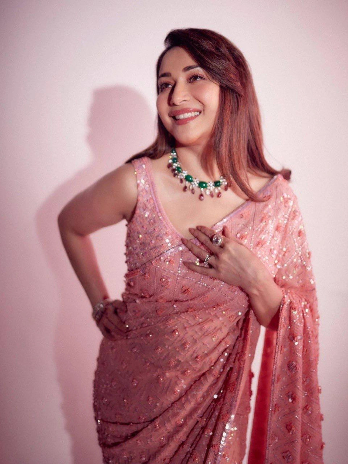 Madhuri Inspired Pink Saree with Embroidery and Sequin Detailing-67246683914321