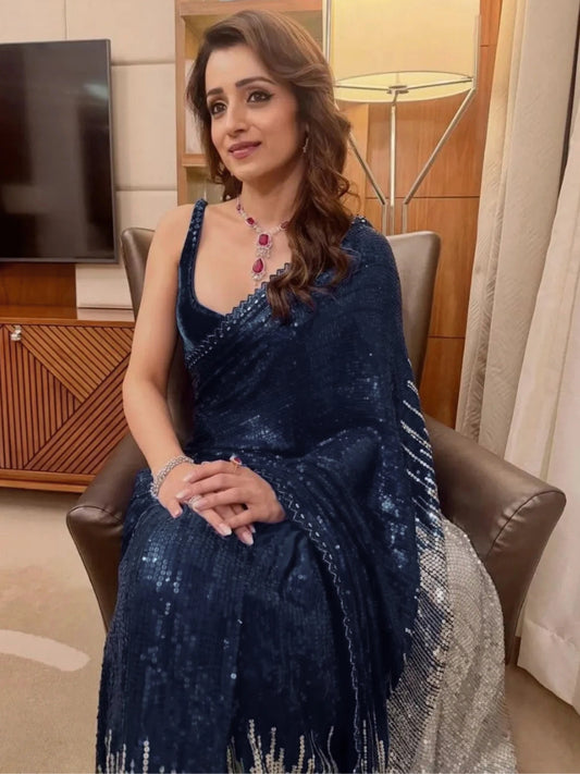 Trisha Inspired Blue & Silver Sequin Work Georgette Saree with Cutwork Lace-71031809671249