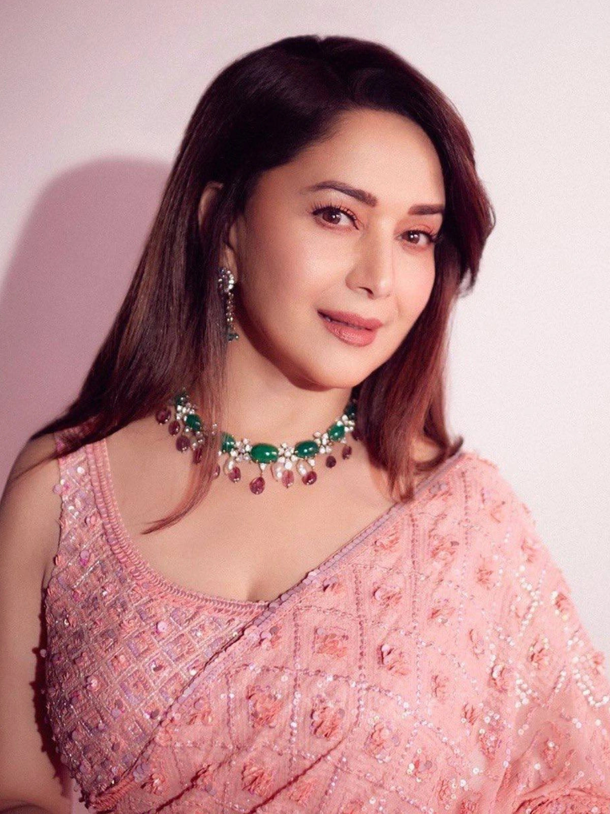 Madhuri Inspired Pink Saree with Embroidery and Sequin Detailing-67246683947089