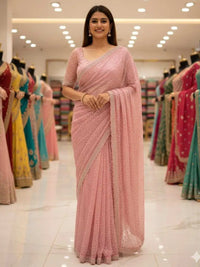 Bollywood Inspired Pink Soft Net Saree with Sequins and Beads Work