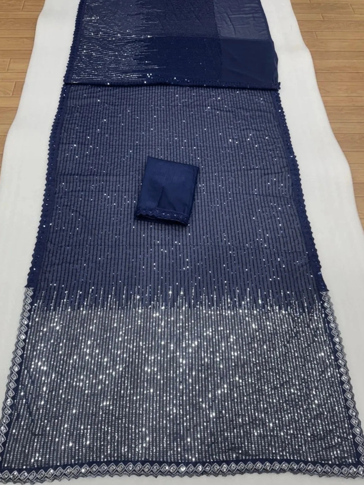 Trisha Inspired Blue & Silver Sequin Work Georgette Saree with Cutwork Lace-71031809704017