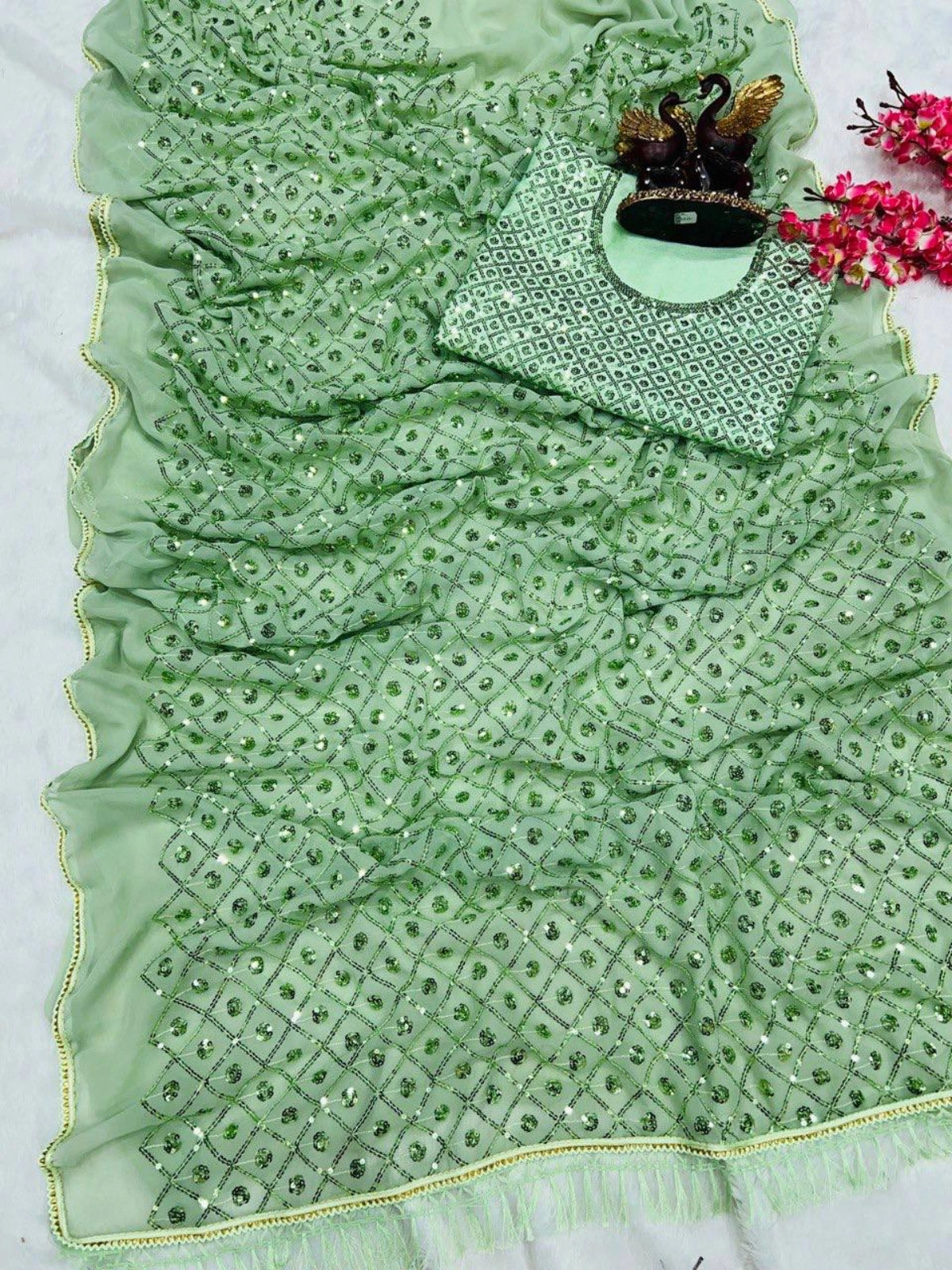 Madhuri Inspired Pista Green Saree with Embroidery and Sequin Detailing-67246860173393