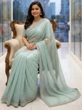 Bollywood Inspired Aqua Blue Soft Net Saree with Beautiful Sequins and Beads Work