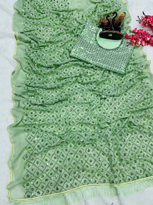 Pista Green Saree with Embroidery and Sequin Detailing-67246860173393