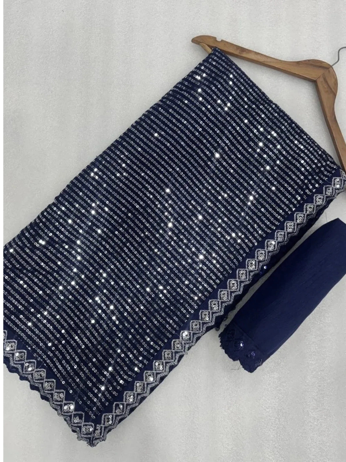 Trisha Inspired Blue & Silver Sequin Work Georgette Saree with Cutwork Lace
