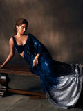 Trisha Inspired Blue & Silver Sequin Work Georgette Saree with Cutwork Lace