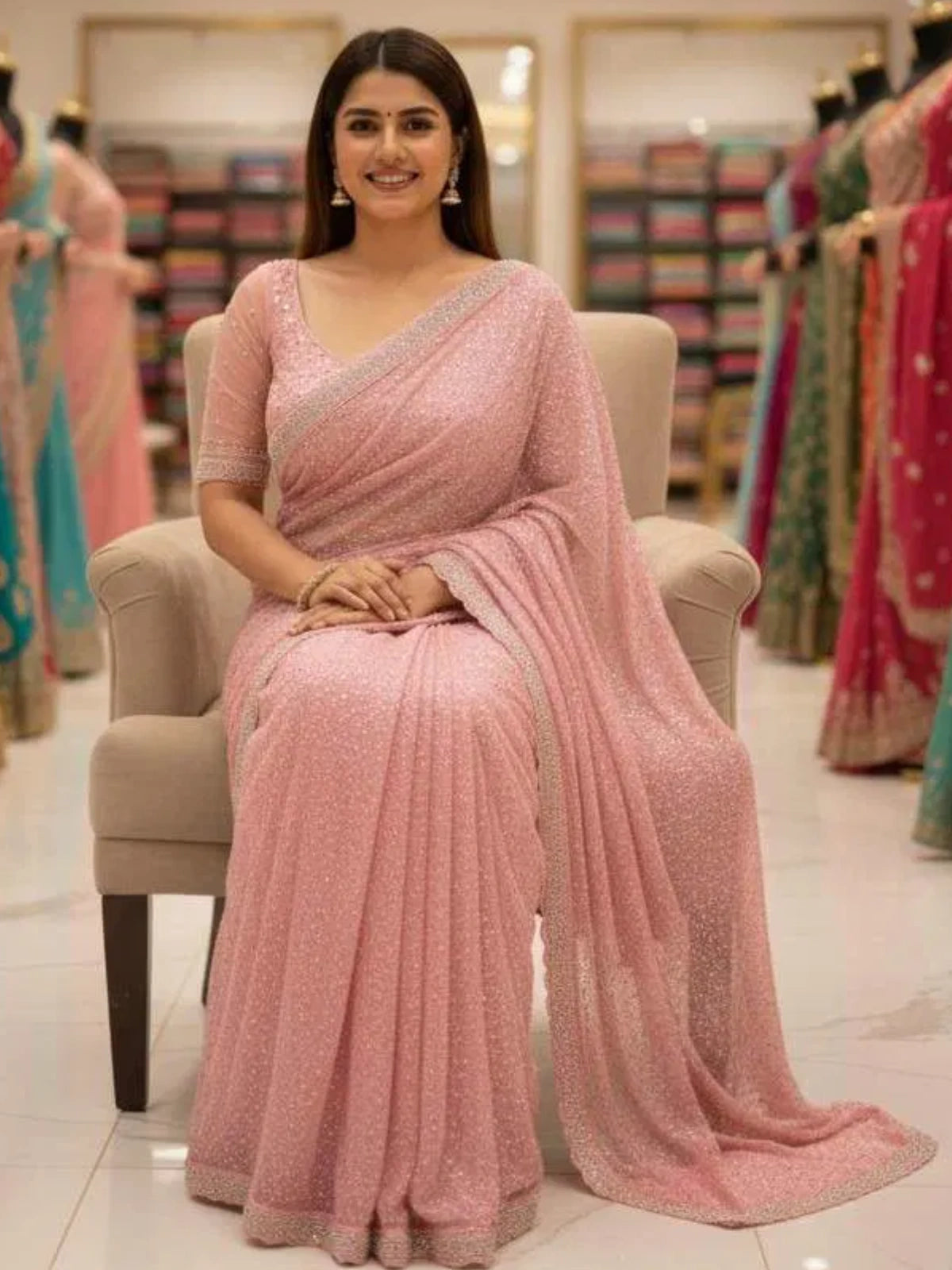 Bollywood Inspired Pink Soft Net Saree with Sequins and Beads Work-70628056334417