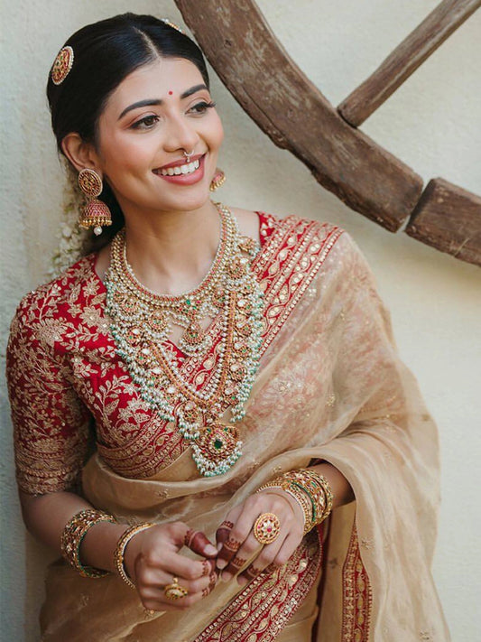 Bollywood-Inspired Soft Tissue Organza Saree with Gold Dori Work and Contrast Blouse-67889538793553