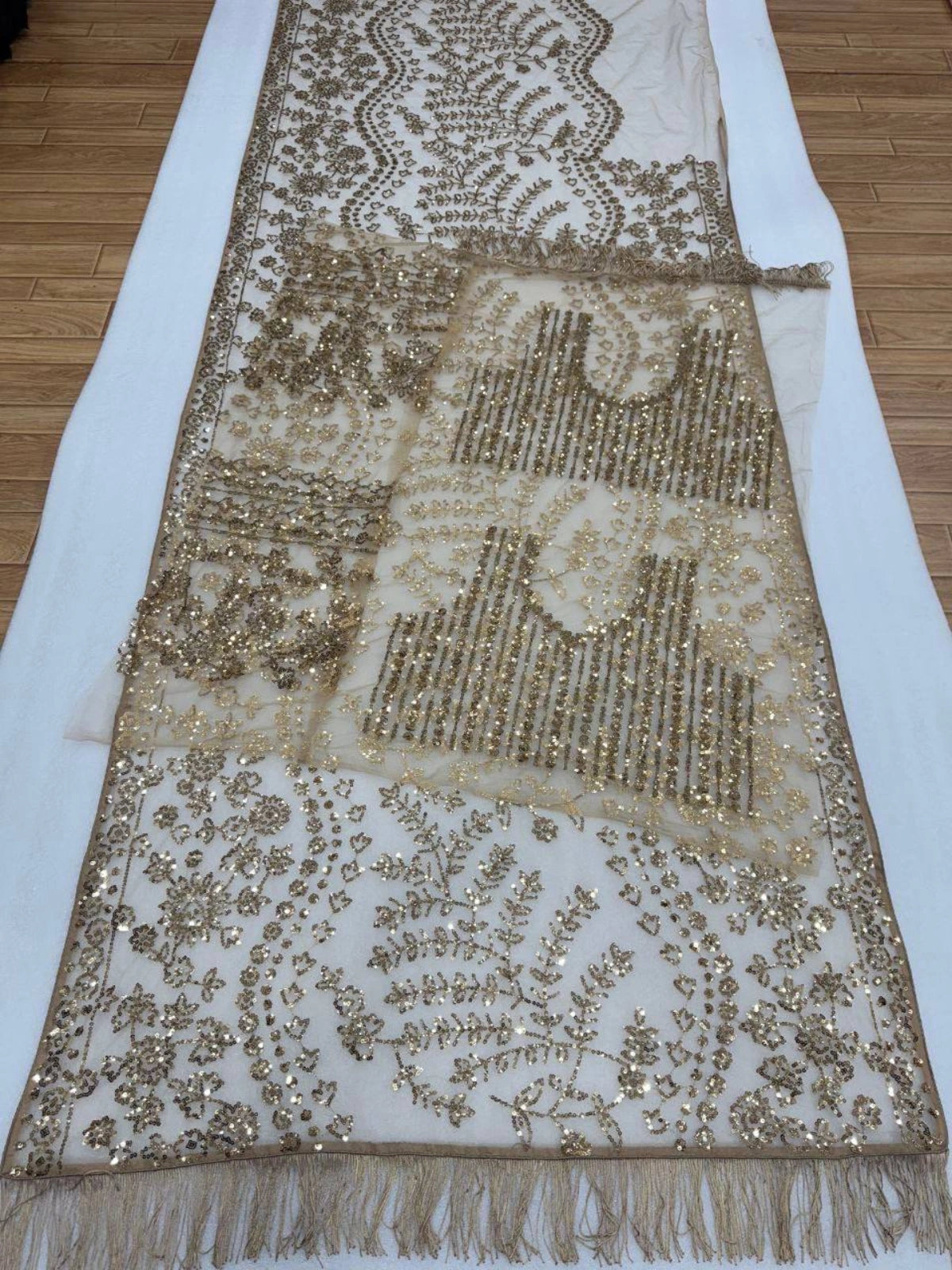Bollywood Inspired Embroidered Golden Net Saree With Jhalar Border-67289507397713