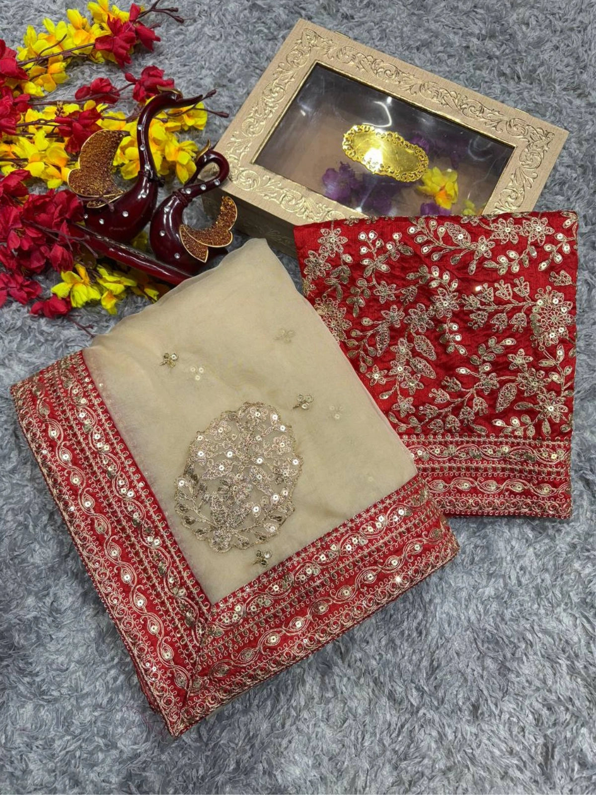 Bollywood-Inspired Soft Tissue Organza Saree with Gold Dori Work and Contrast Blouse-67889538859089