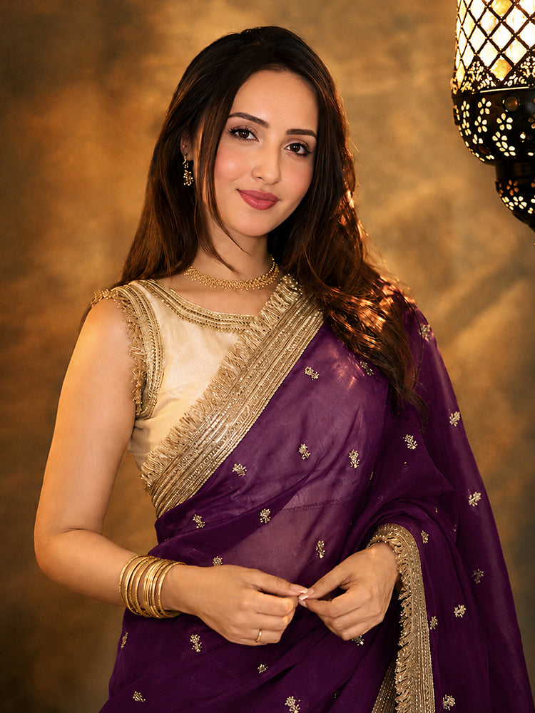 Bollywood Inspired Pure Silk Baigani Satin Tissue Saree with Embroidered Work-71937361838161