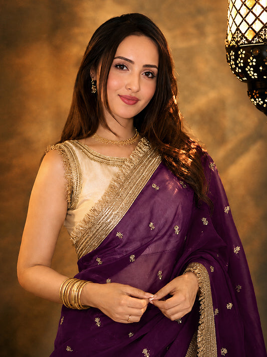 Bollywood Inspired Pure Silk Baigani Satin Tissue Saree with Embroidered Work-71937361838161