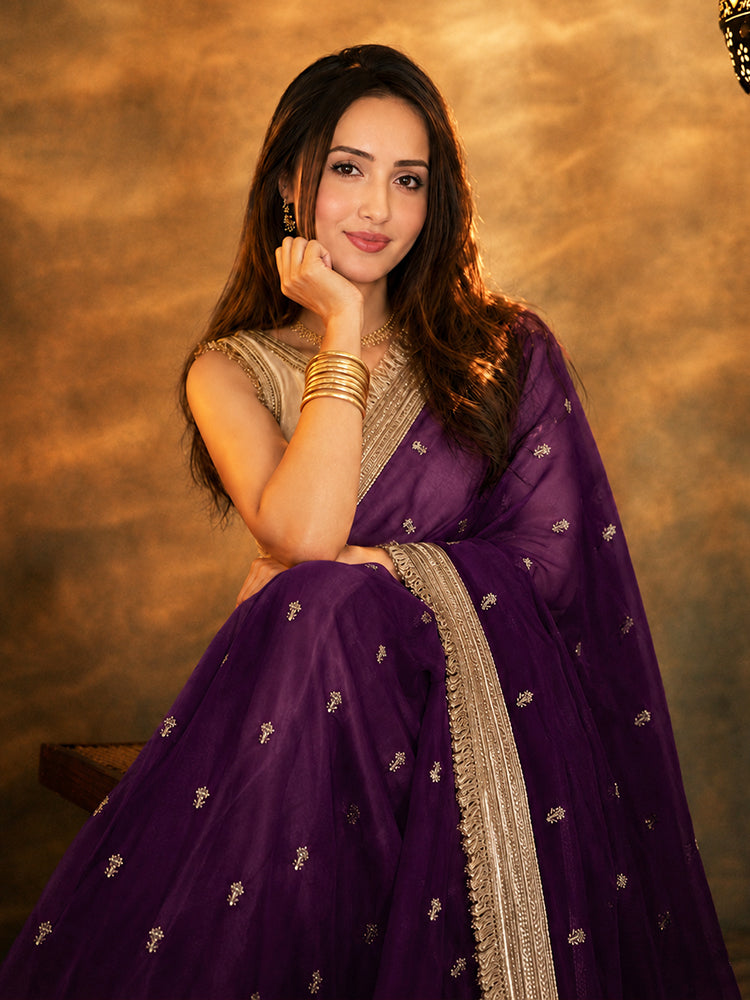 Bollywood Inspired Pure Silk Baigani Satin Tissue Saree with Embroidered Work