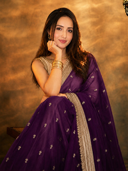 Bollywood Inspired Pure Silk Baigani Satin Tissue Saree with Embroidered Work-71937361870929