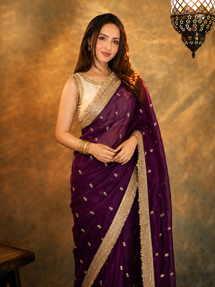 Bollywood Inspired Pure Silk Baigani Satin Tissue Saree with Embroidered Work