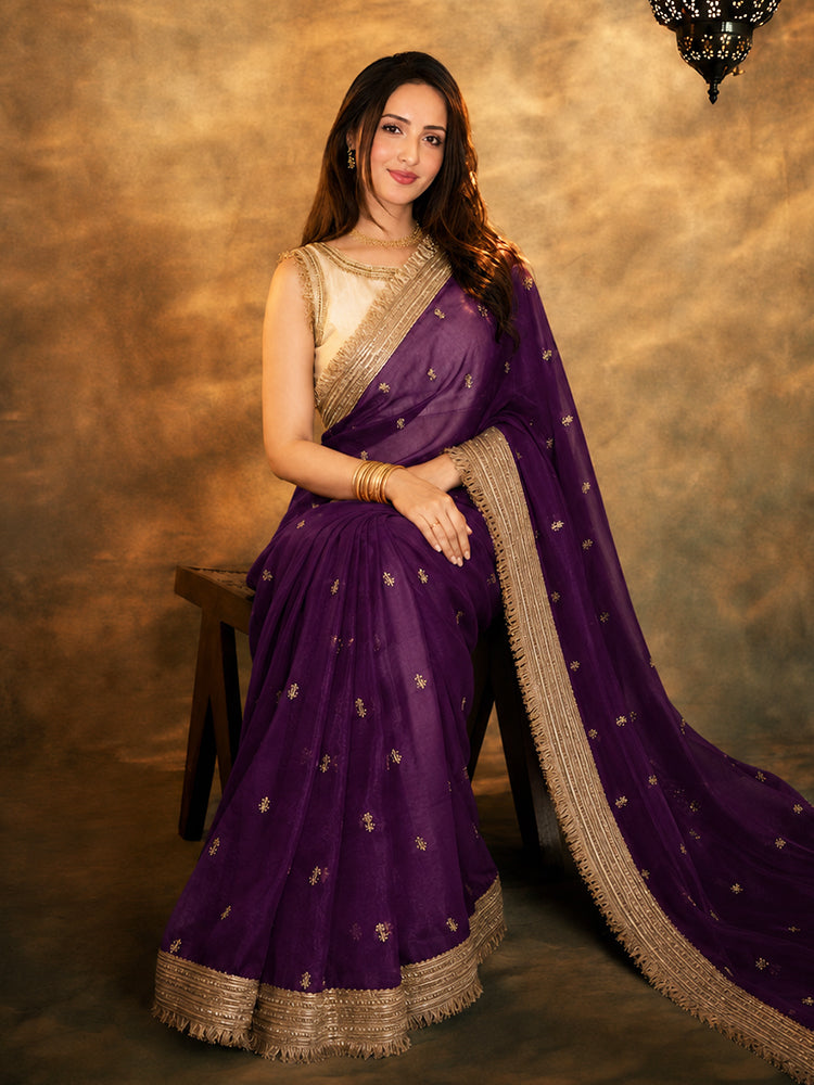 Bollywood Inspired Pure Silk Baigani Satin Tissue Saree with Embroidered Work