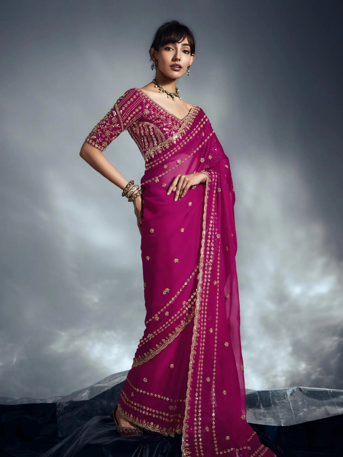 Designer Organza Saree with Heavy Embroidered Border & Blouse - Pink