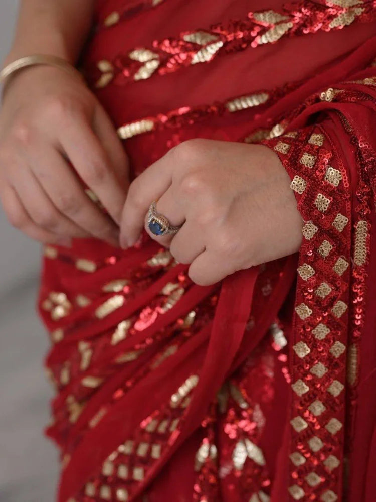 Bollywood Inspired Metallic Red Georgette Saree with Sequins-72117095497809