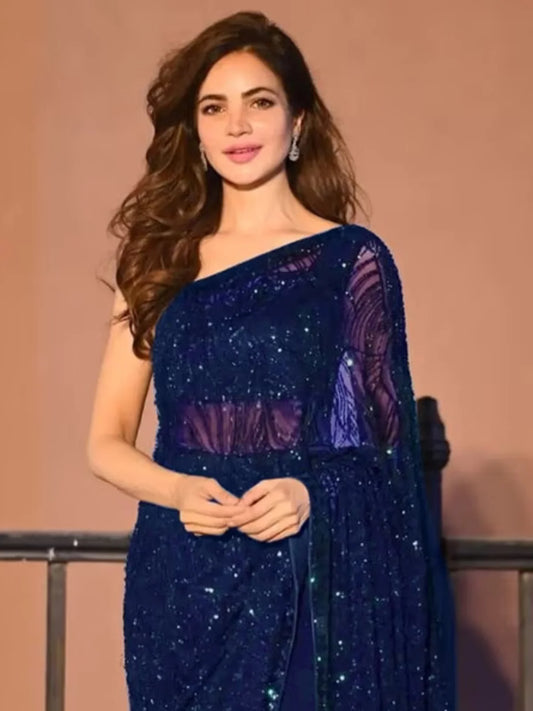 Celebrity Inspired Heavy Georgette Sequence Blue Saree With Unstitched Blouse-73765966381137