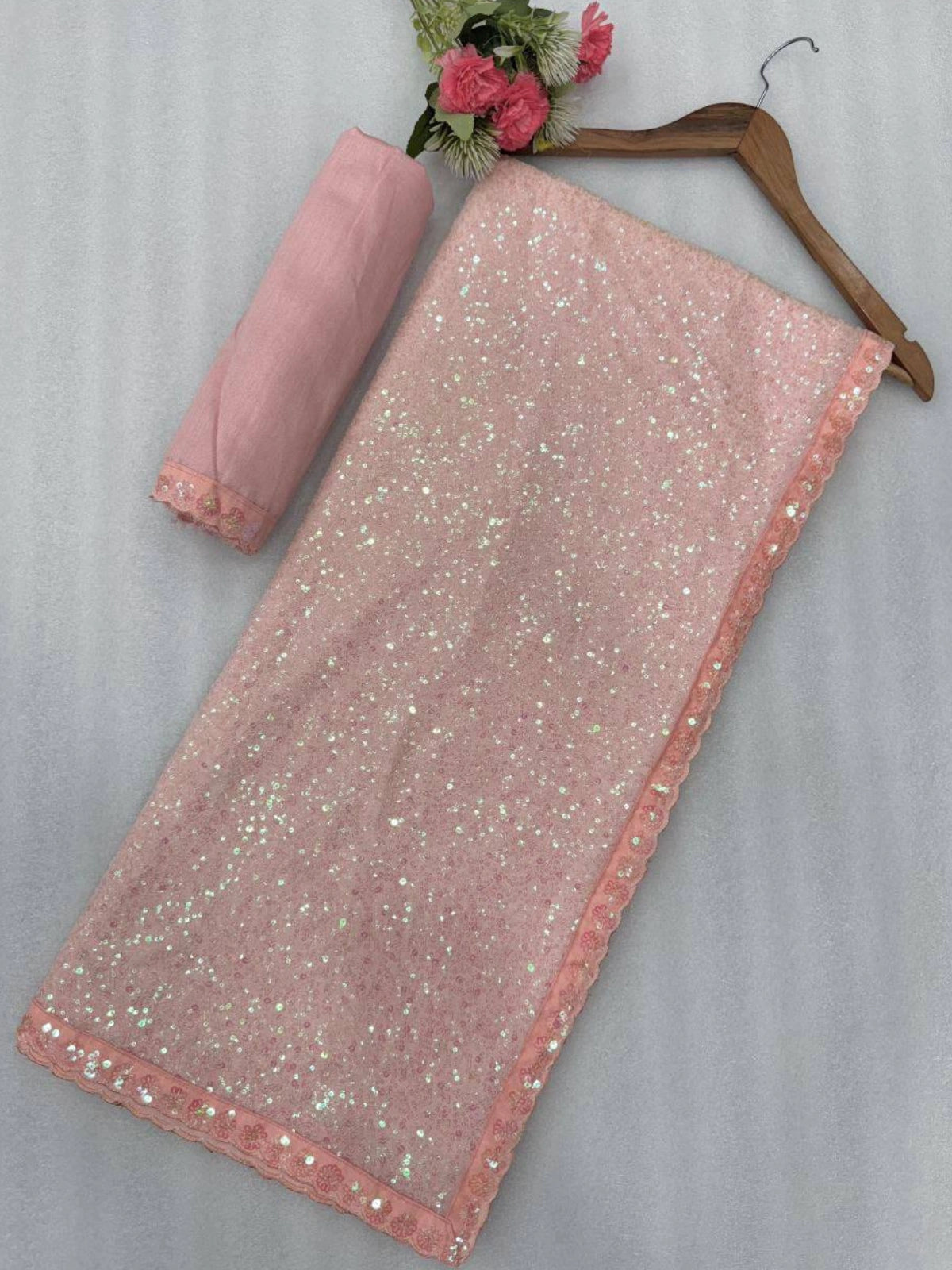 Alia Inspired Georgette Pink Saree Full Sequins Embroidery with Cutwork Lace-67246624079953
