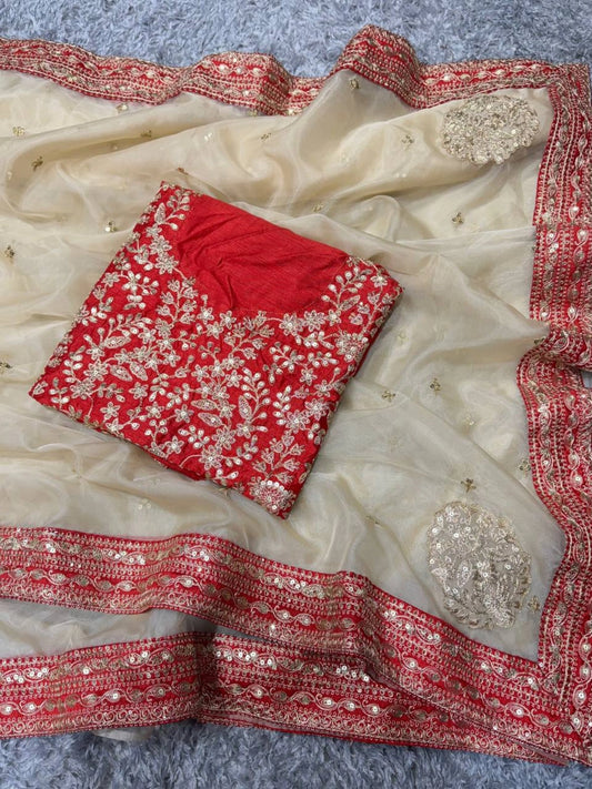 Soft Tissue Organza Saree with Gold Dori Work and Contrast Blouse-67889538924625