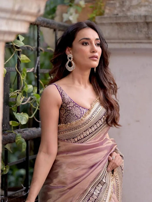 Surabhi Inspired Onion Pink Saree with Gold and Brown Embroidered Borders-71905034010705
