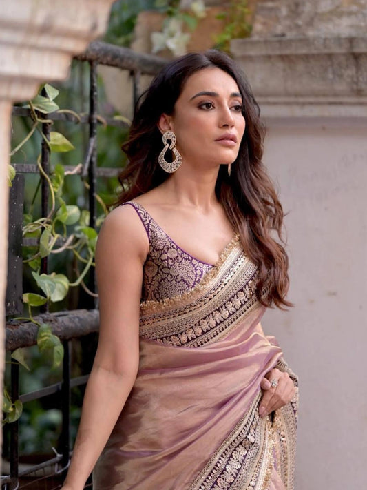Surabhi Inspired Onion Pink Saree with Gold and Brown Embroidered Borders