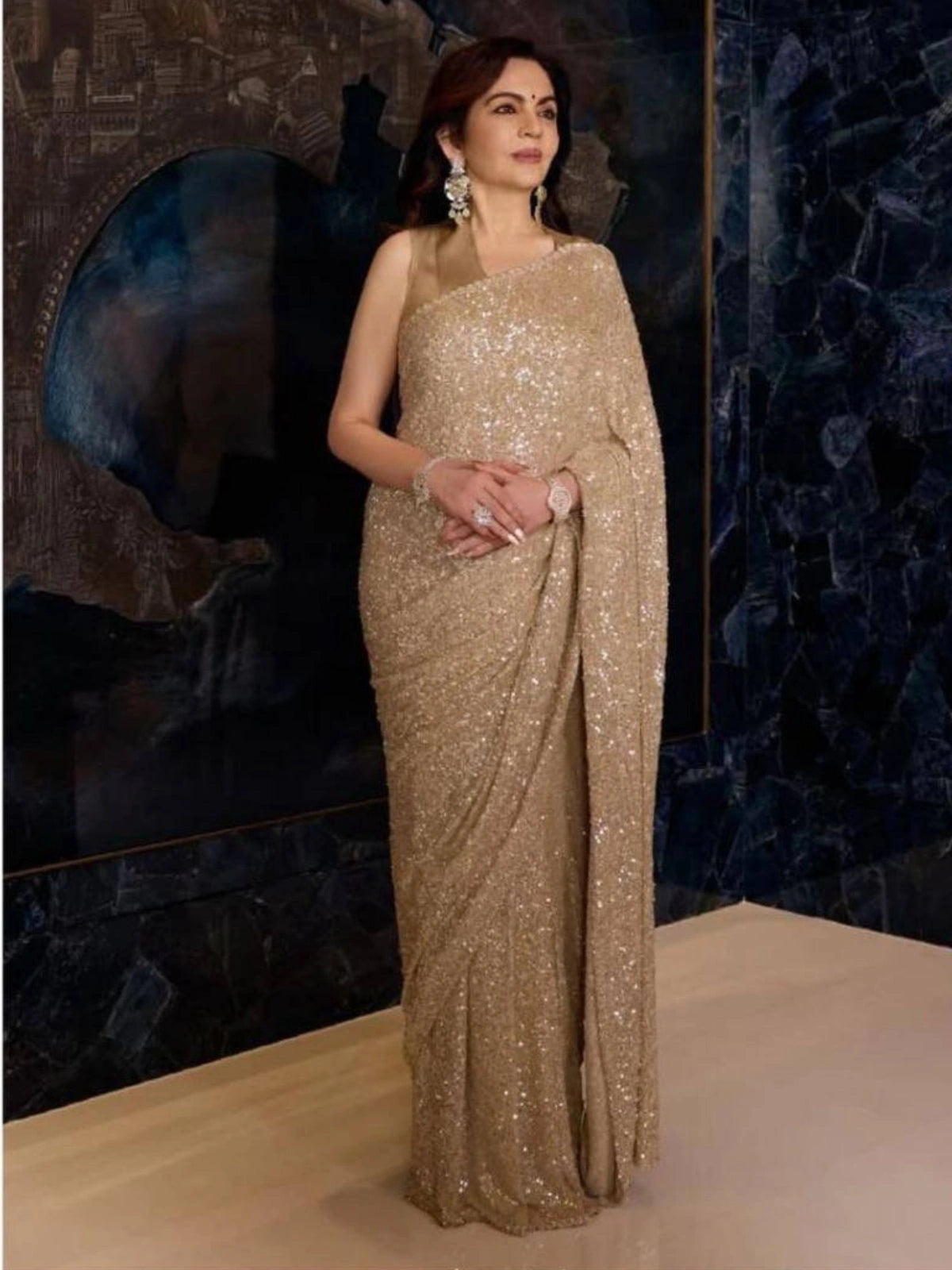 Nita Inspired Faux Georgette Saree with Sequins Embroidery & Cutwork Lace Border