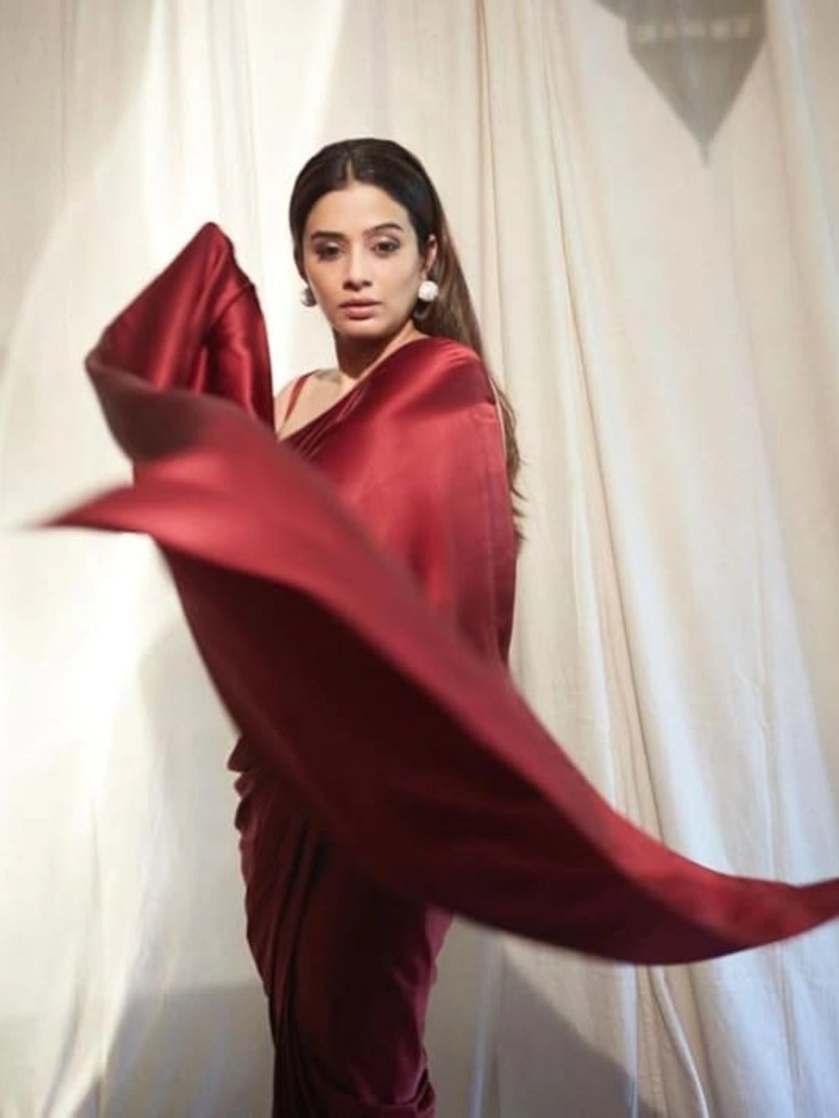 Bollywood Style Maroon Satin Saree with Unstitched Matching Blouse Piece-67774142054481