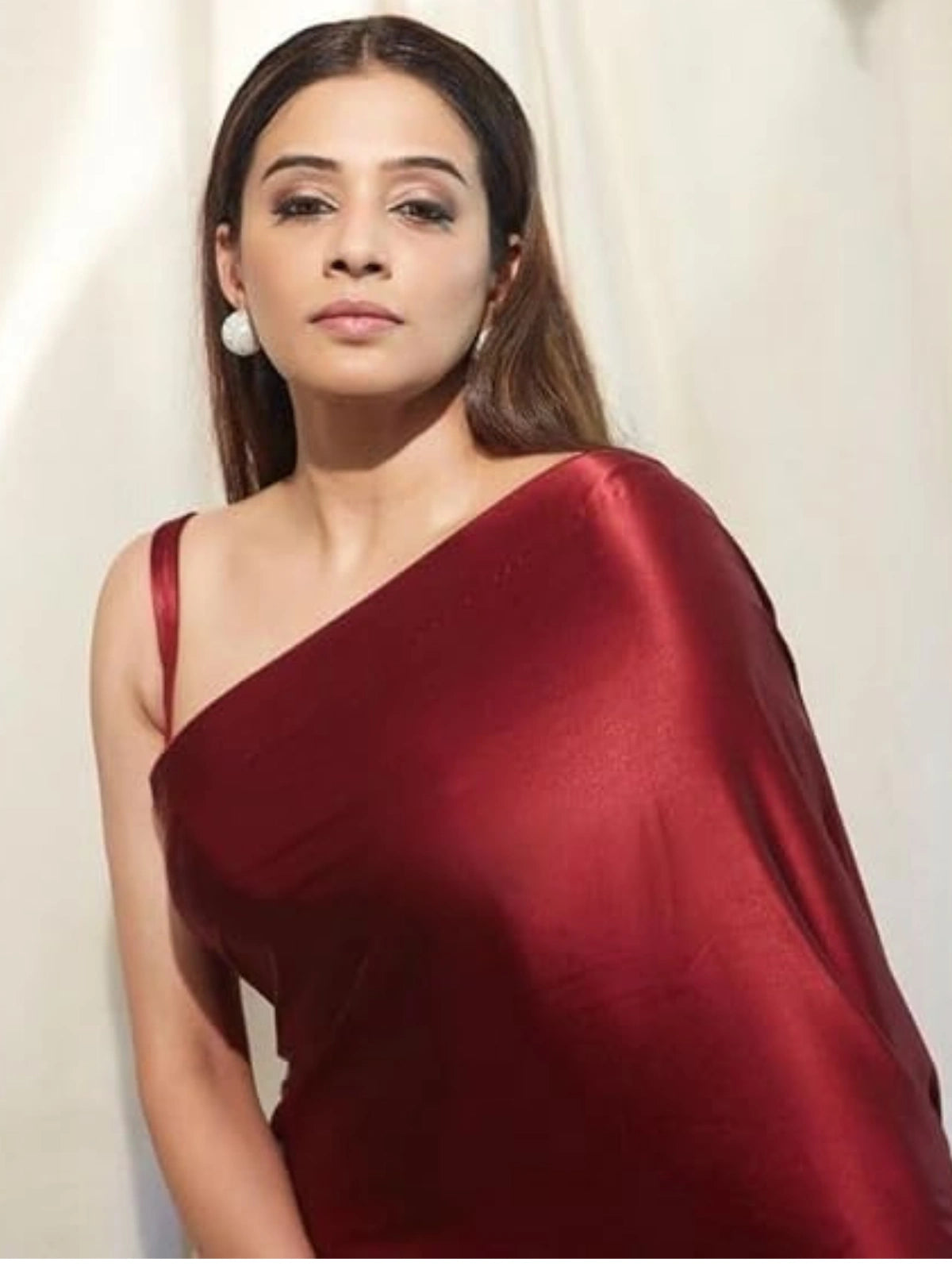 Bollywood Style Maroon Satin Saree with Unstitched Matching Blouse Piece