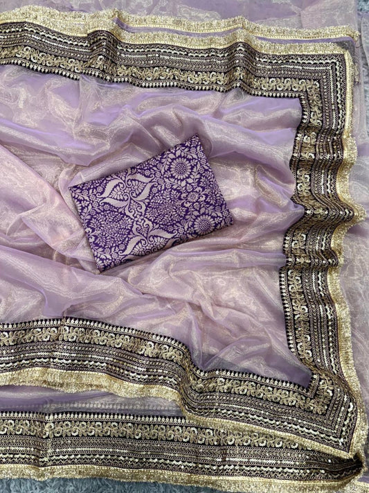Onion Pink Saree with Gold and Brown Embroidered Border-67246656094289