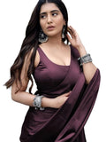 Bollywood Style Plum Satin Saree with Unstitched Matching Blouse Piece