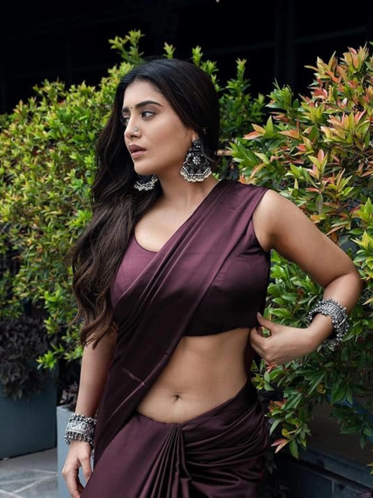 Bollywood Style Plum Satin Saree with Unstitched Matching Blouse Piece-67774496342097