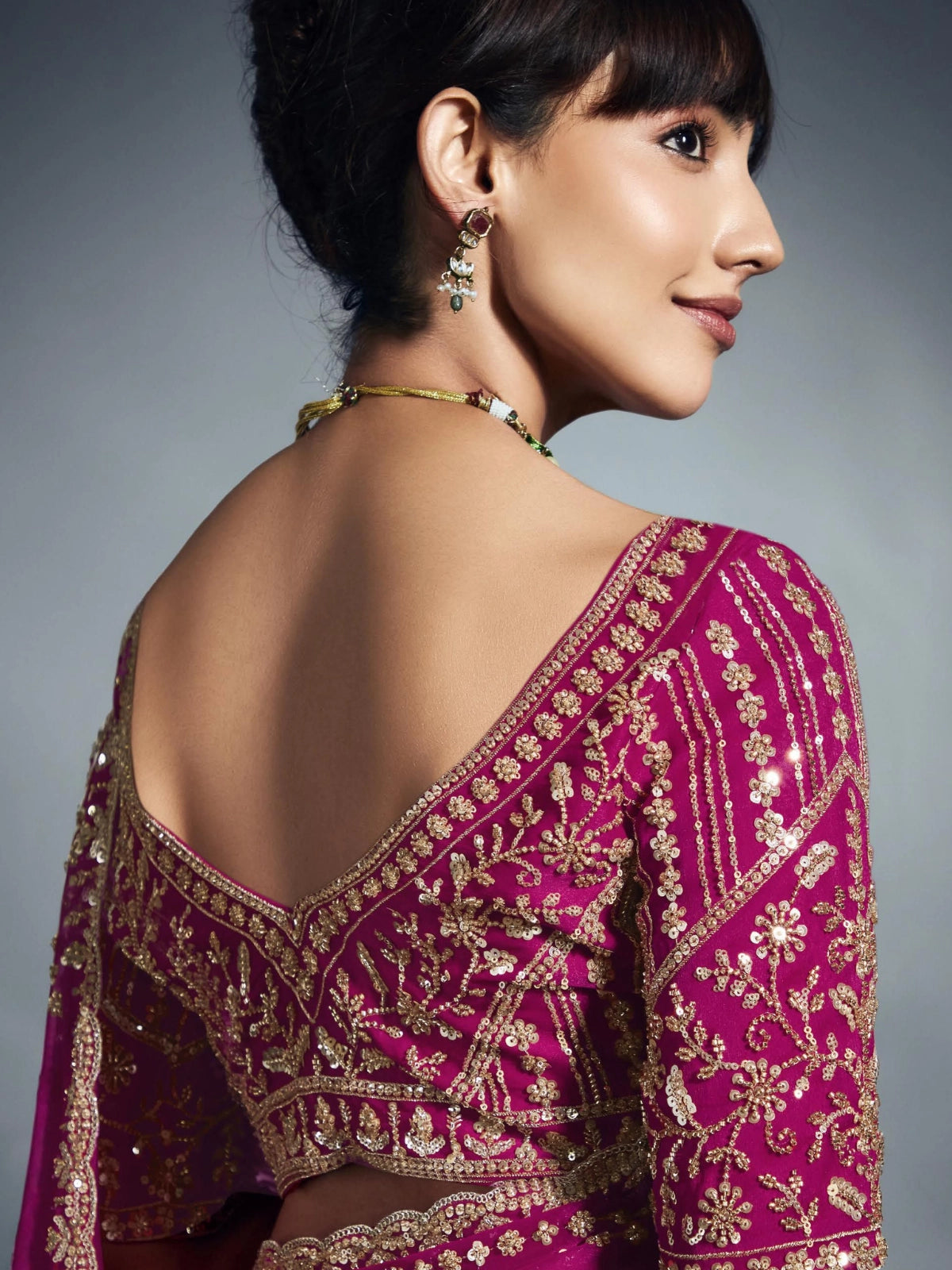 Designer Organza Saree with Heavy Embroidered Border & Blouse - Pink