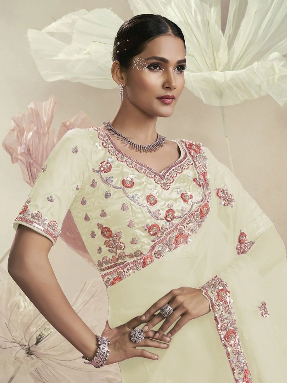 Bollywood-Inspired Cream Net Embellished Saree for Women-67879222804561