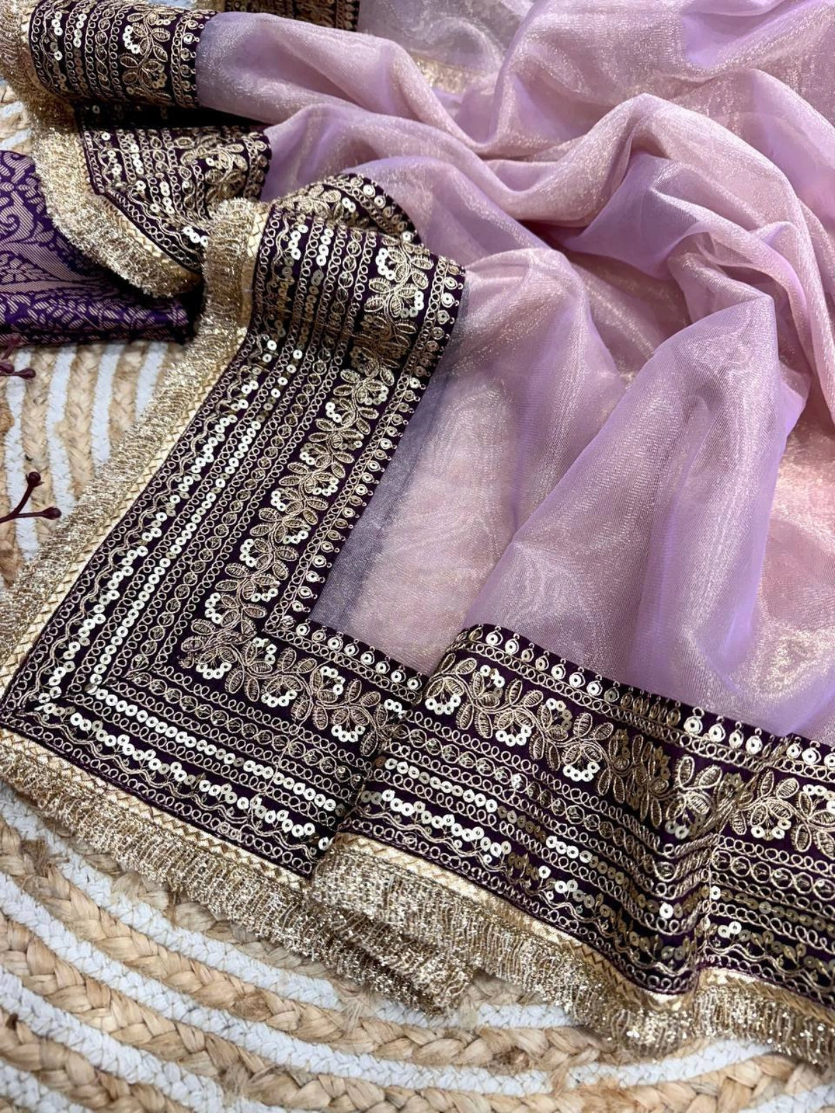 Surabhi Inspired Onion Pink Saree with Gold and Brown Embroidered Borders-67246656159825