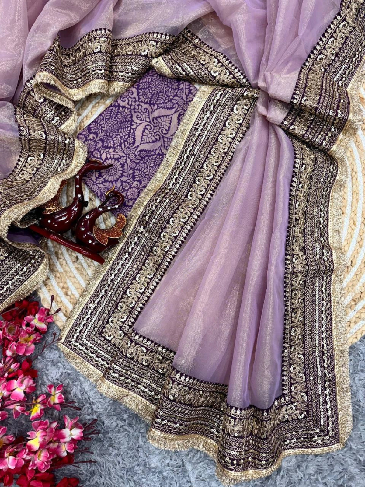 Surabhi Inspired Onion Pink Saree with Gold and Brown Embroidered Borders-67246656225361