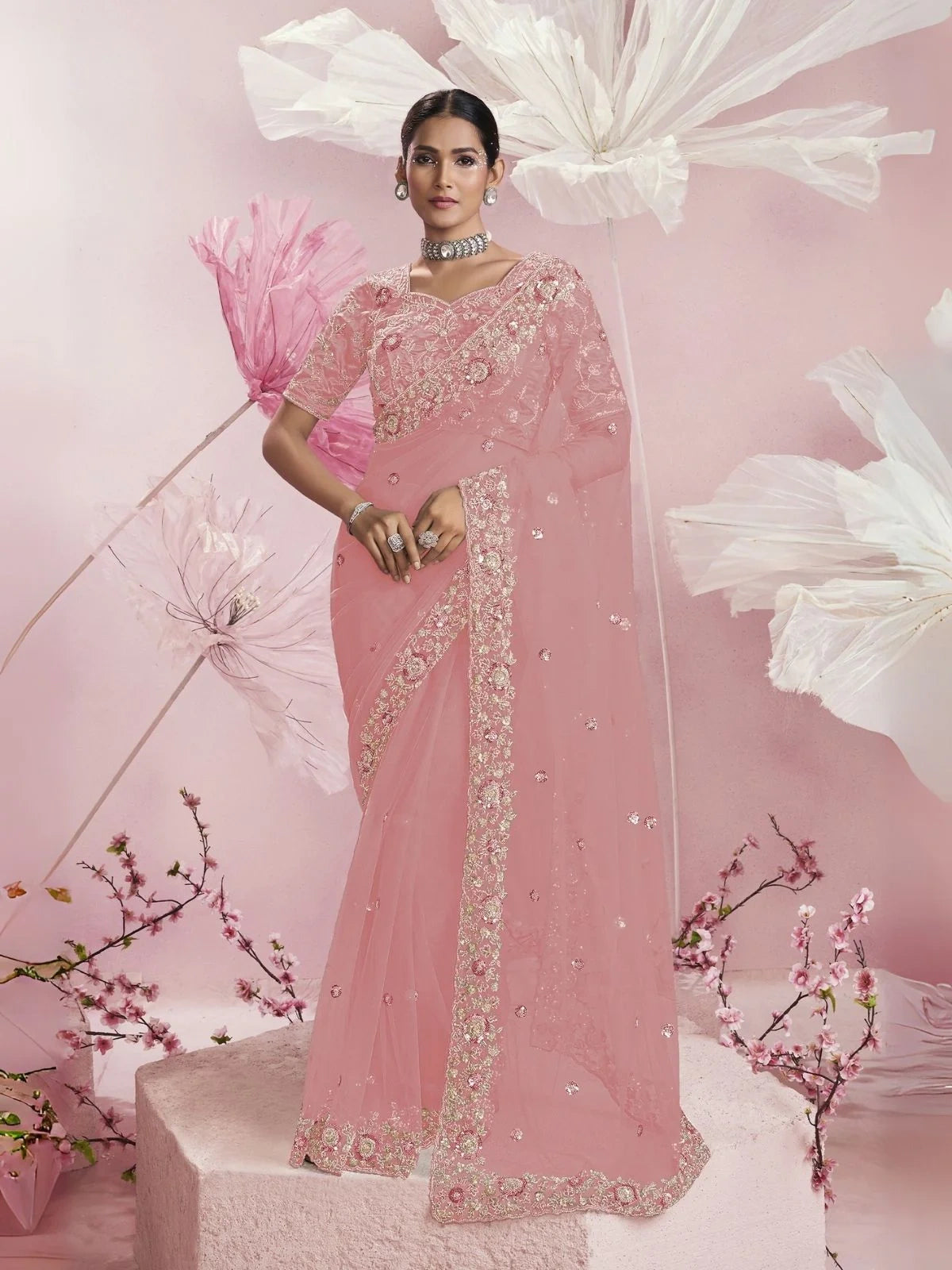 Bollywood-Inspired Pink Net Embellished Saree for Women-67888977018961
