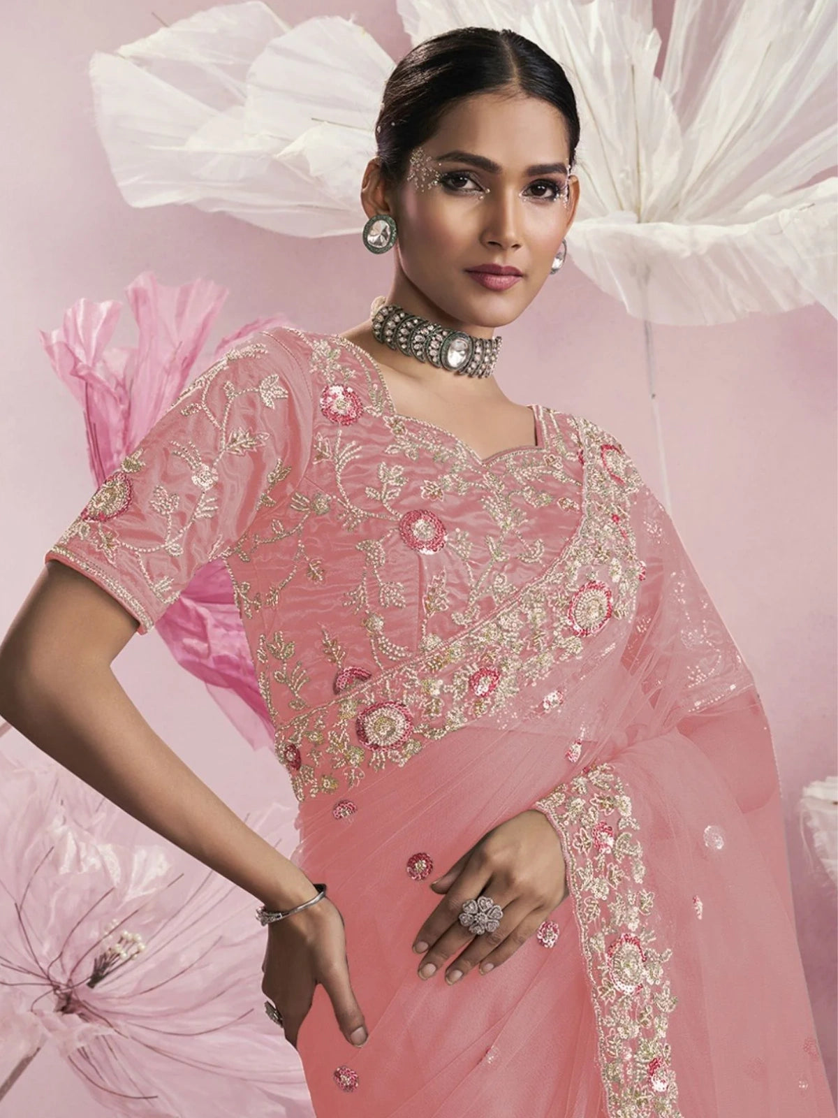Bollywood-Inspired Pink Net Embellished Saree for Women
