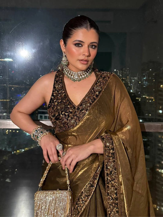 Bollywood Inspired Gold Saree with Black & Gold Embroidery and Stitched Free-Size Blouse