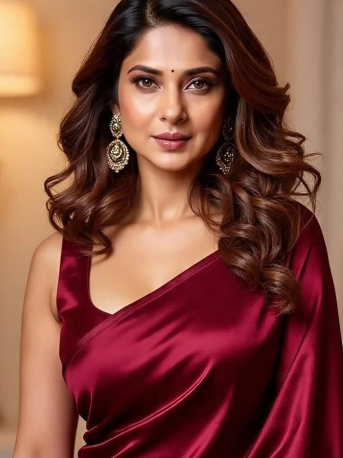 Bollywood Style Maroon Satin Saree with Unstitched Matching Blouse Piece-67774791286865