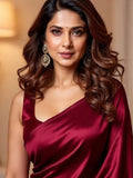 Bollywood Style Maroon Satin Saree with Unstitched Matching Blouse Piece