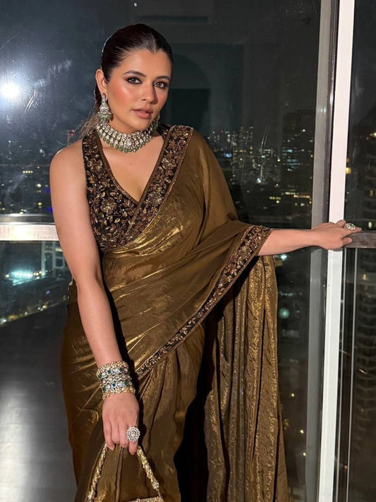 Bollywood Inspired Gold Saree with Black & Gold Embroidery and Stitched Free-Size Blouse