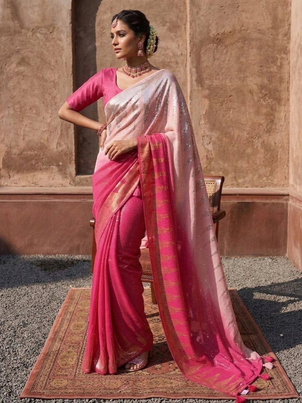 Bollywood Inspired Heavy Zari Pink Saree with Dual Colour Piping