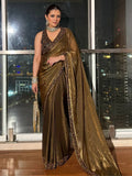 Bollywood Inspired Gold Saree with Black & Gold Embroidery and Stitched Free-Size Blouse